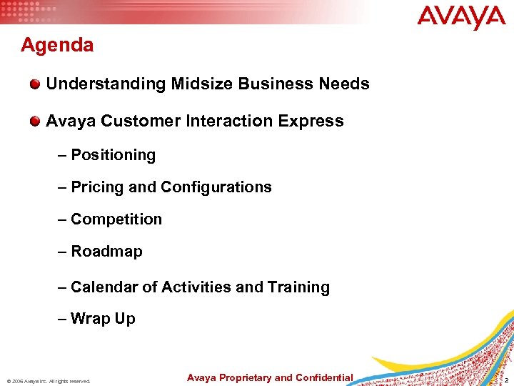 Agenda Understanding Midsize Business Needs Avaya Customer Interaction Express – Positioning – Pricing and