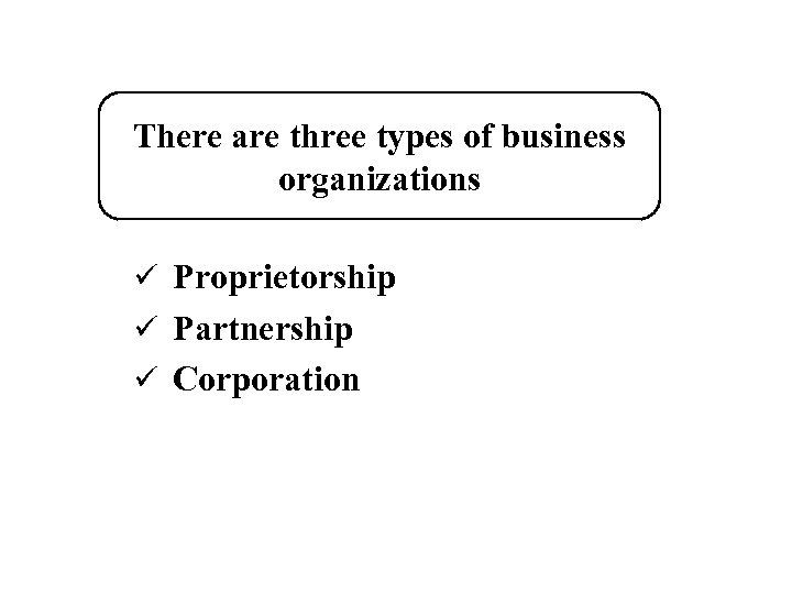 There are three types of business organizations ü Proprietorship ü Partnership ü Corporation 