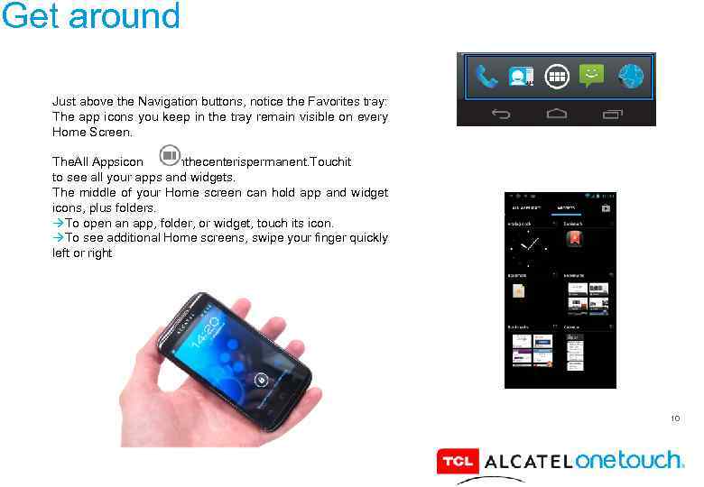 Get around Just above the Navigation buttons, notice the Favorites tray: The app icons