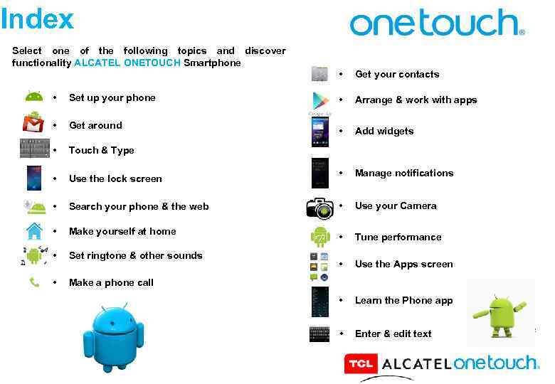 Index Select one of the following topics and discover functionality ALCATEL ONETOUCH Smartphone •