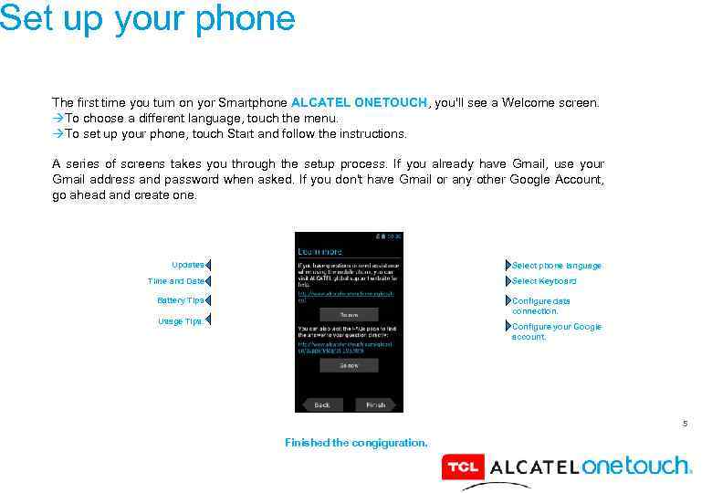 Set up your phone The first time you turn on yor Smartphone ALCATEL ONETOUCH,