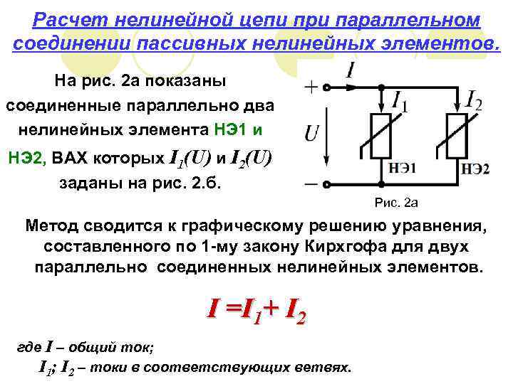 Расчет нелинейной цепи при параллельном соединении пассивных нелинейных элементов. На рис. 2 а показаны
