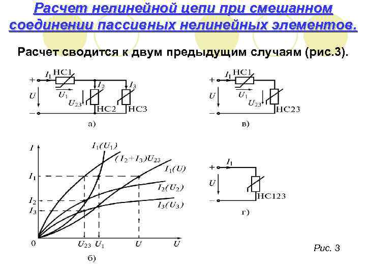 Расчет нелинейной цепи при смешанном соединении пассивных нелинейных элементов. Расчет сводится к двум предыдущим