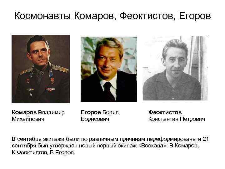 Космонавты Комаров, Феоктистов, Егоров Комаров Владимир Михайлович Егоров Борисович Феоктистов Константин Петрович В сентябре