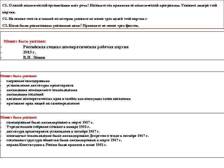 С 1. О какой политической организации идет речь? Назовите год принятия ее политической программы.
