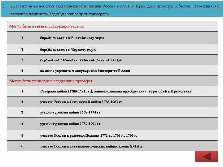 2. Назовите не менее двух задач внешней политики России в XVIII в. Приведите примеры
