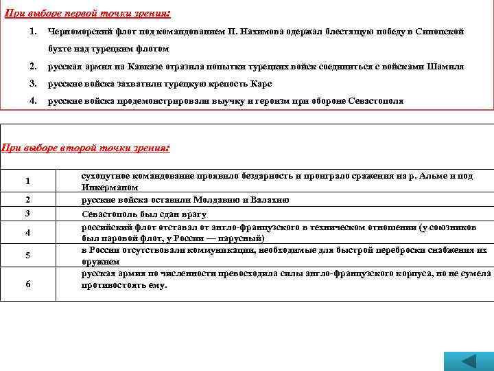 При выборе первой точки зрения: 1. Черноморский флот под командованием П. Нахимова одержал блестящую