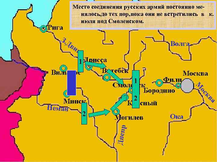 Место соединения русских армий постоянно менялось, до тех пор, пока они не встретились в