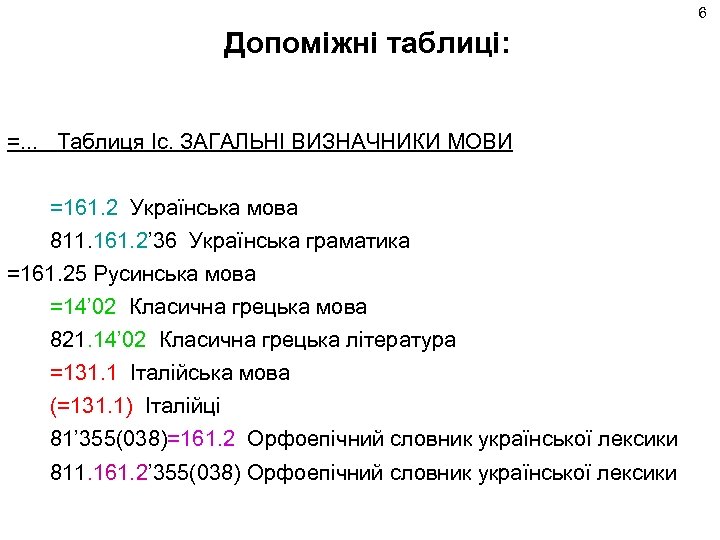 6 Допоміжні таблиці: =. . . Таблиця Iс. ЗАГАЛЬНІ ВИЗНАЧНИКИ МОВИ =161. 2 Українська