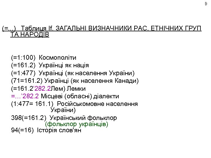 9 (=. . . ) Таблиця If. ЗАГАЛЬНІ ВИЗНАЧНИКИ РАС, ЕТНІЧНИХ ГРУП ТА НАРОДІВ