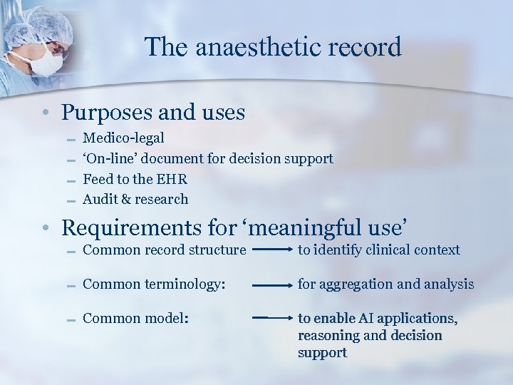  The anaesthetic record • Purposes and uses – – Medico-legal ‘On-line’ document for