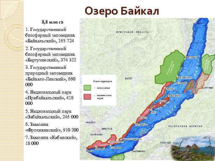 Озеро Байкал 8, 8 млн га 1. Государственный биосферный заповедник «Байкальский» , 165 724