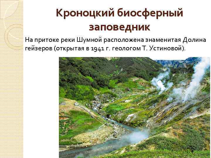 Кроноцкий биосферный заповедник На притоке реки Шумной расположена знаменитая Долина гейзеров (открытая в 1941