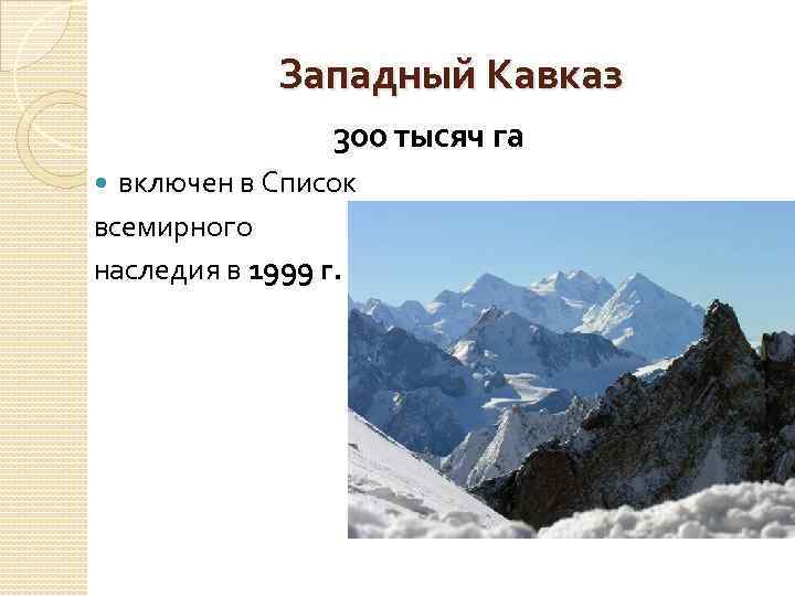 Западный Кавказ 300 тысяч га включен в Список всемирного наследия в 1999 г. 
