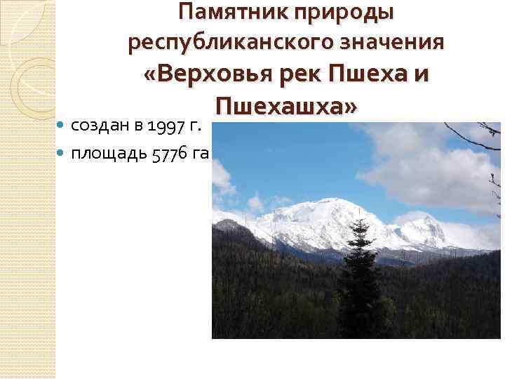 Памятник природы республиканского значения «Верховья рек Пшеха и создан в 1997 г. площадь 5776