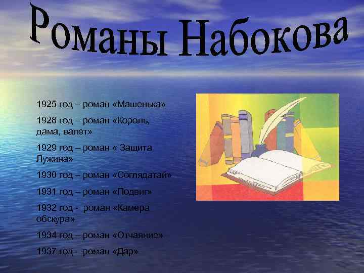 1925 год – роман «Машенька» 1928 год – роман «Король, дама, валет» 1929 год