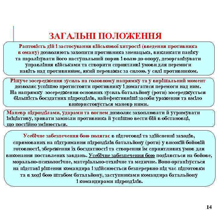 ЗАГАЛЬНІ ПОЛОЖЕННЯ Раптовість дій і застосування військової хитрості (введення противника в оману) дозволяють захопити