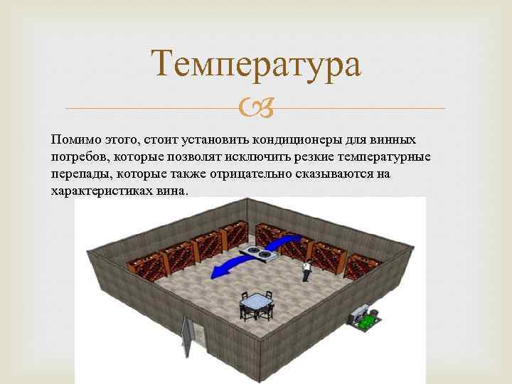 Температура Помимо этого, стоит установить кондиционеры для винных погребов, которые позволят исключить резкие температурные