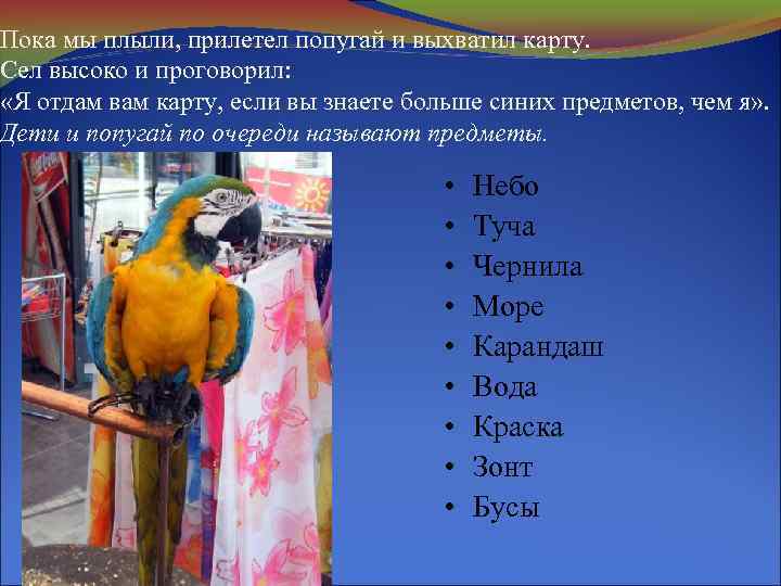 Пока мы плыли, прилетел попугай и выхватил карту. Сел высоко и проговорил: «Я отдам