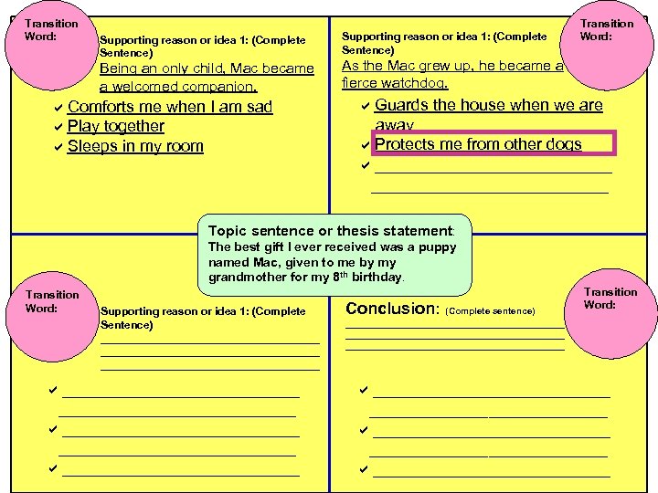 Transition Word: Supporting reason or idea 1: (Complete Sentence) Being an only child, Mac