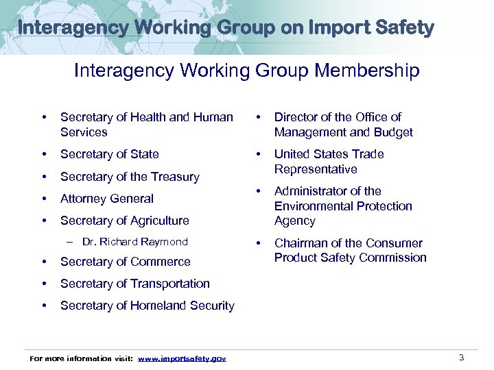 Interagency Working Group on Import Safety Interagency Working Group Membership • Secretary of Health