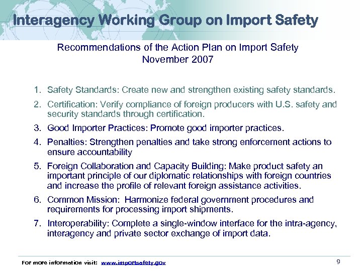 Interagency Working Group on Import Safety Recommendations of the Action Plan on Import Safety