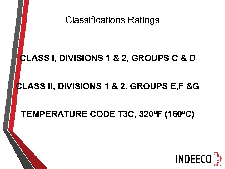Classifications Ratings CLASS I, DIVISIONS 1 & 2, GROUPS C & D CLASS II,