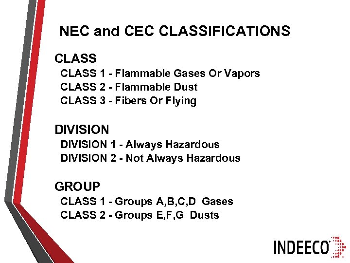 NEC and CEC CLASSIFICATIONS CLASS 1 - Flammable Gases Or Vapors CLASS 2 -