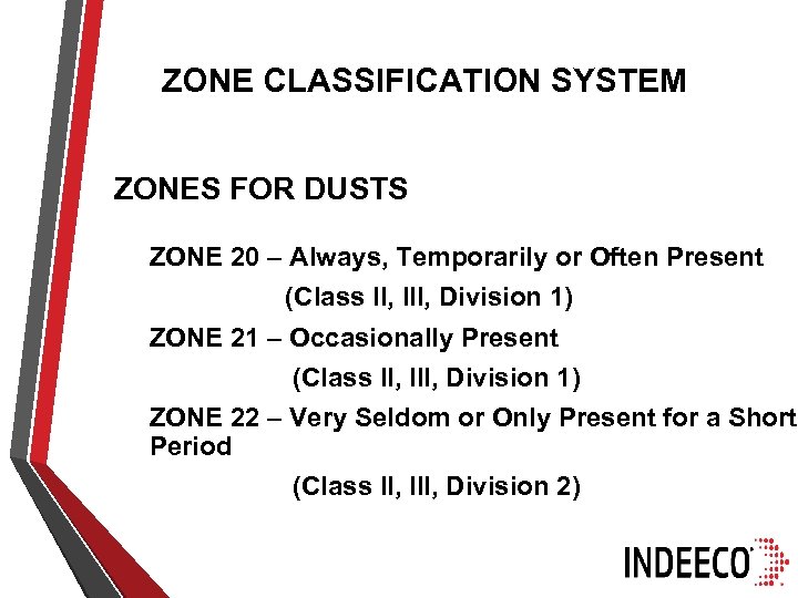 ZONE CLASSIFICATION SYSTEM ZONES FOR DUSTS ZONE 20 – Always, Temporarily or Often Present