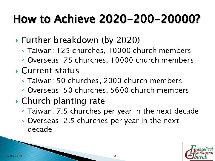 How to Achieve 2020 -20000? Further breakdown (by 2020) ◦ Taiwan: 125 churches, 10000