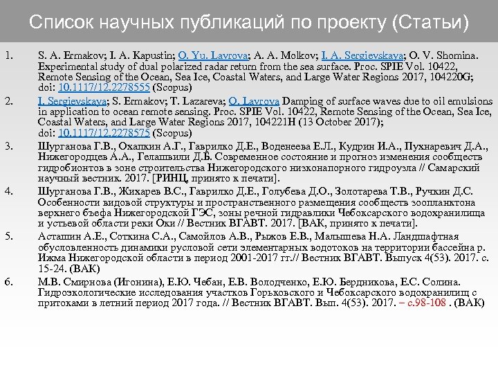 Список научных публикаций по проекту (Статьи) 1. 2. 3. 4. 5. 6. S. A.