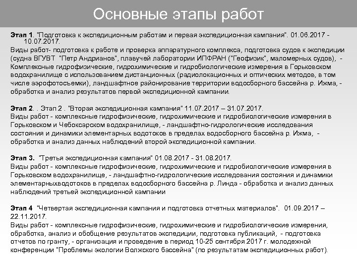 Основные этапы работ Этап 1. “Подготовка к экспедиционным работам и первая экспедиционная кампания”. 01.