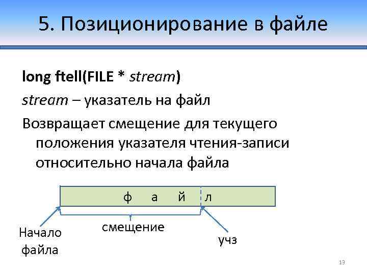 5. Позиционирование в файле long ftell(FILE * stream) stream – указатель на файл Возвращает