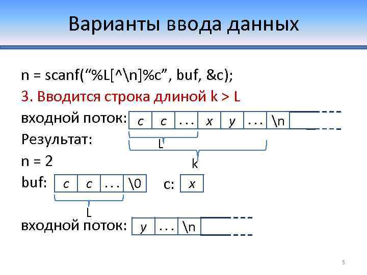 Варианты ввода данных n = scanf(“%L[^n]%c”, buf, &c); 3. Вводится строка длиной k >