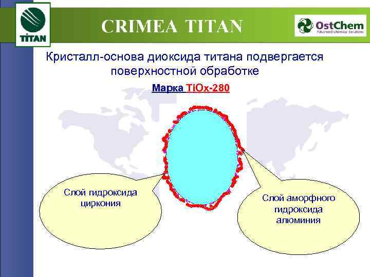 Кристалл-основа диоксида титана подвергается поверхностной обработке Марка Ti. Ox-280 Слой гидроксида циркония Слой аморфного