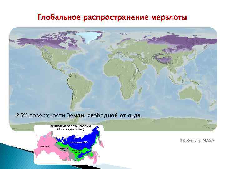 Глобальное распространение мерзлоты 25% поверхности Земли, свободной от льда Источник: NASA 