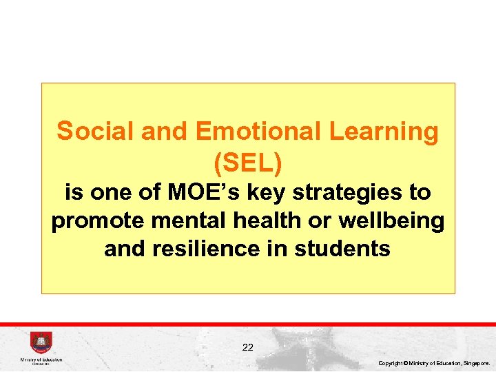 Social and Emotional Learning (SEL) is one of MOE’s key strategies to promote mental