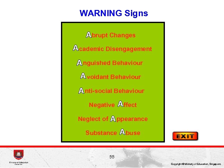 WARNING Signs brupt Changes cademic Disengagement nguished Behaviour voidant Behaviour nti-social Behaviour Negative Neglect