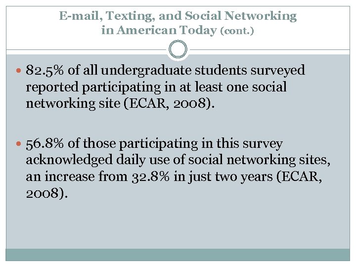 E-mail, Texting, and Social Networking in American Today (cont. ) 82. 5% of all