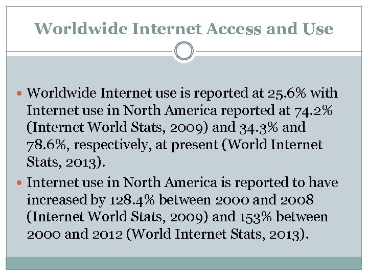 Worldwide Internet Access and Use Worldwide Internet use is reported at 25. 6% with