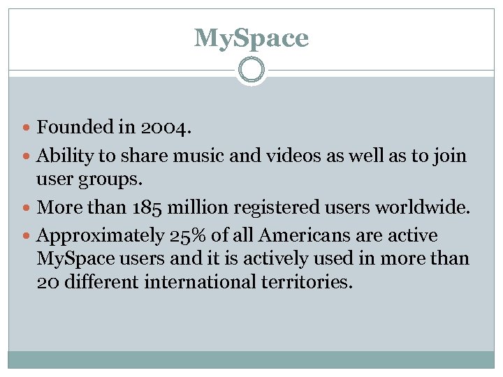 My. Space Founded in 2004. Ability to share music and videos as well as
