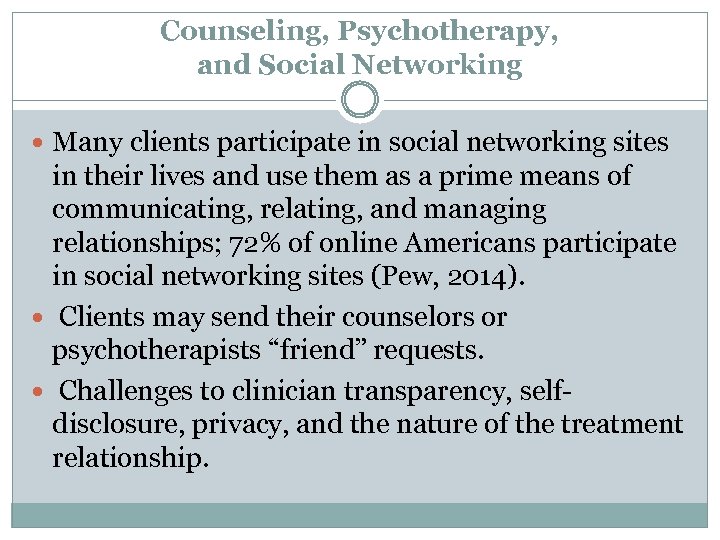 Counseling, Psychotherapy, and Social Networking Many clients participate in social networking sites in their