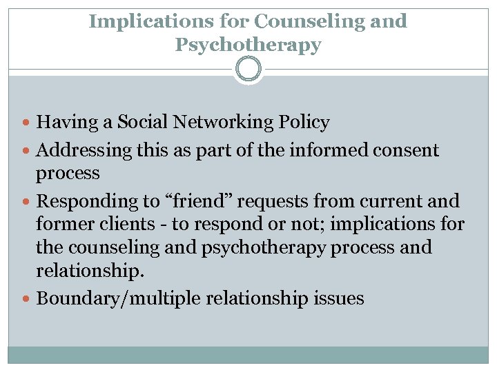 Implications for Counseling and Psychotherapy Having a Social Networking Policy Addressing this as part