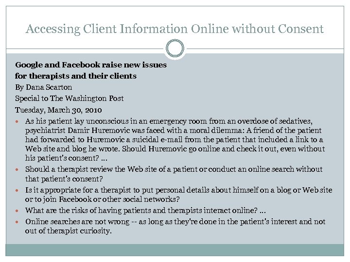 Accessing Client Information Online without Consent Google and Facebook raise new issues for therapists