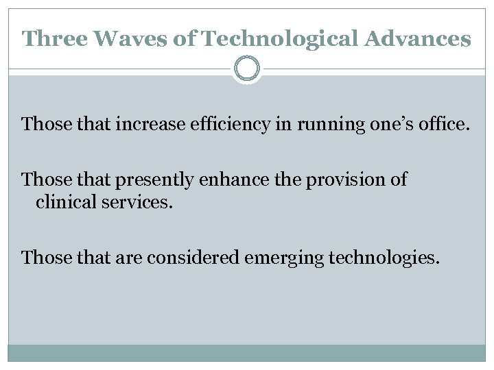 Three Waves of Technological Advances Those that increase efficiency in running one’s office. Those