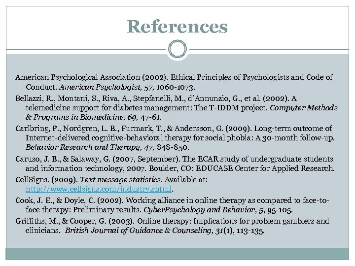 References American Psychological Association (2002). Ethical Principles of Psychologists and Code of Conduct. American