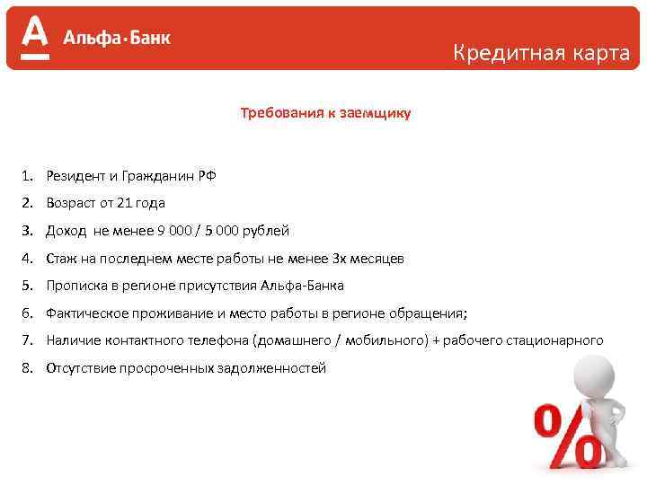 Кредитная карта Требования к заемщику 1. Резидент и Гражданин РФ 2. Возраст от 21