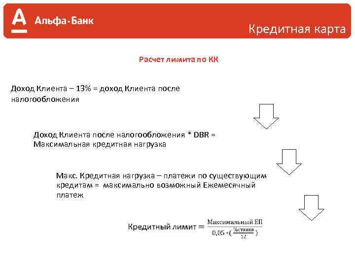 Кредитная карта Расчет лимита по КК Доход Клиента – 13% = доход Клиента после