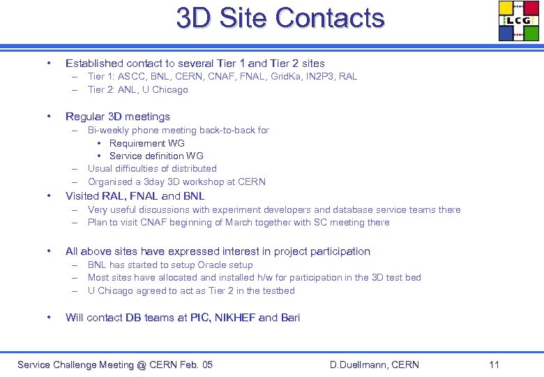 3 D Site Contacts • Established contact to several Tier 1 and Tier 2