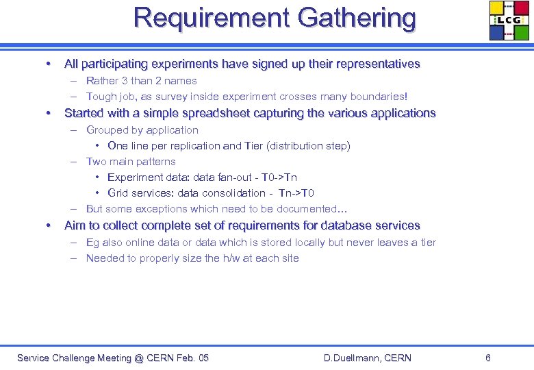 Requirement Gathering • All participating experiments have signed up their representatives – Rather 3